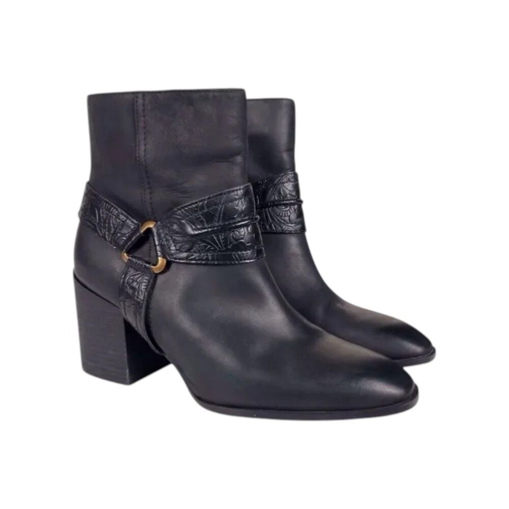 Vionic Carnelia Black Leather Western Harness Ankle Boots Size 8